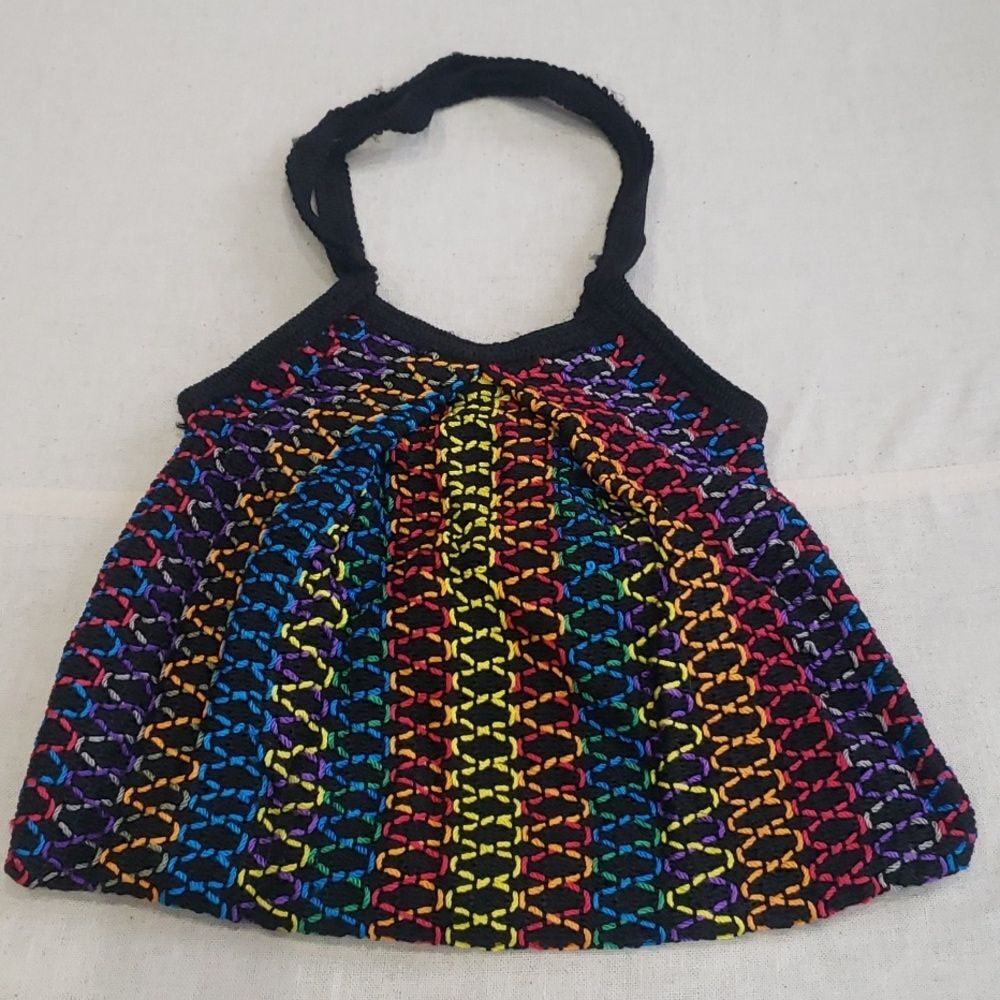 Multi Rainbow Hand Crocheted Tote Black